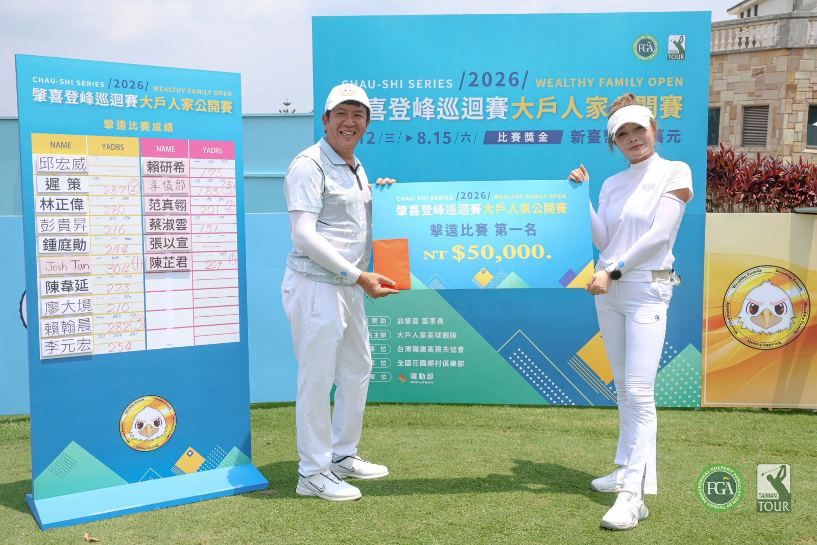大戶人家高球戰隊隊長洪典銘(左)頒發擊遠大賽女子組第一名給陳芷君(TPGA_林聖凱攝)