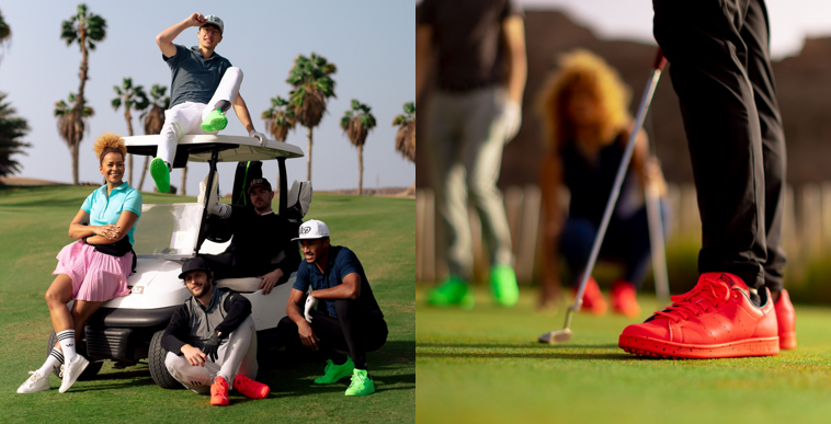 adidas Golf與高爾夫球品牌VICE GOLF攜手打造全新STAN SMITH 聯名系列，以鮮明獨特的VICE高爾夫球配色作為靈感，讓STAN SMITH高球鞋擁有搶眼外型。