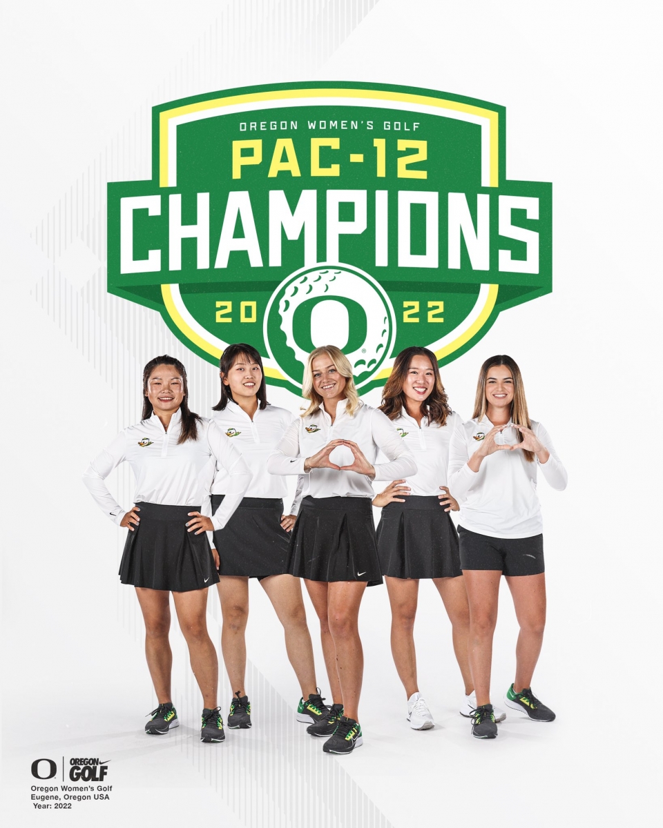 奧瑞岡大學女子高爾夫校隊喜獲太平洋12校聯盟錦標賽個人及團體雙料冠軍，校隊中有三位我國球員：陳靜慈(左一)、盧昕妤(左二)、林子涵(右二)。(圖 / Oregon Women's Golf)
