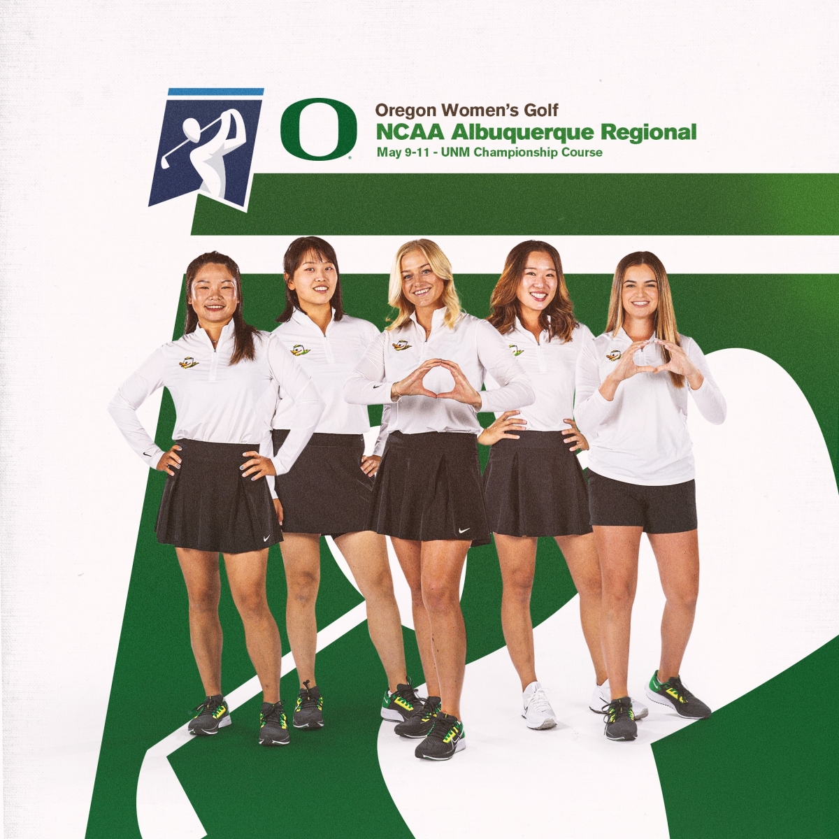 參加NCAA錦標賽地區預賽的奧瑞岡大學校隊中有三名台灣球員，分別是：陳靜慈(圖左一)、盧昕妤(左二)、林子涵(右二)；中為第一回合打出-7超低桿的查康(Briana Chacon)。(圖 / Oregon Women's Golf)
