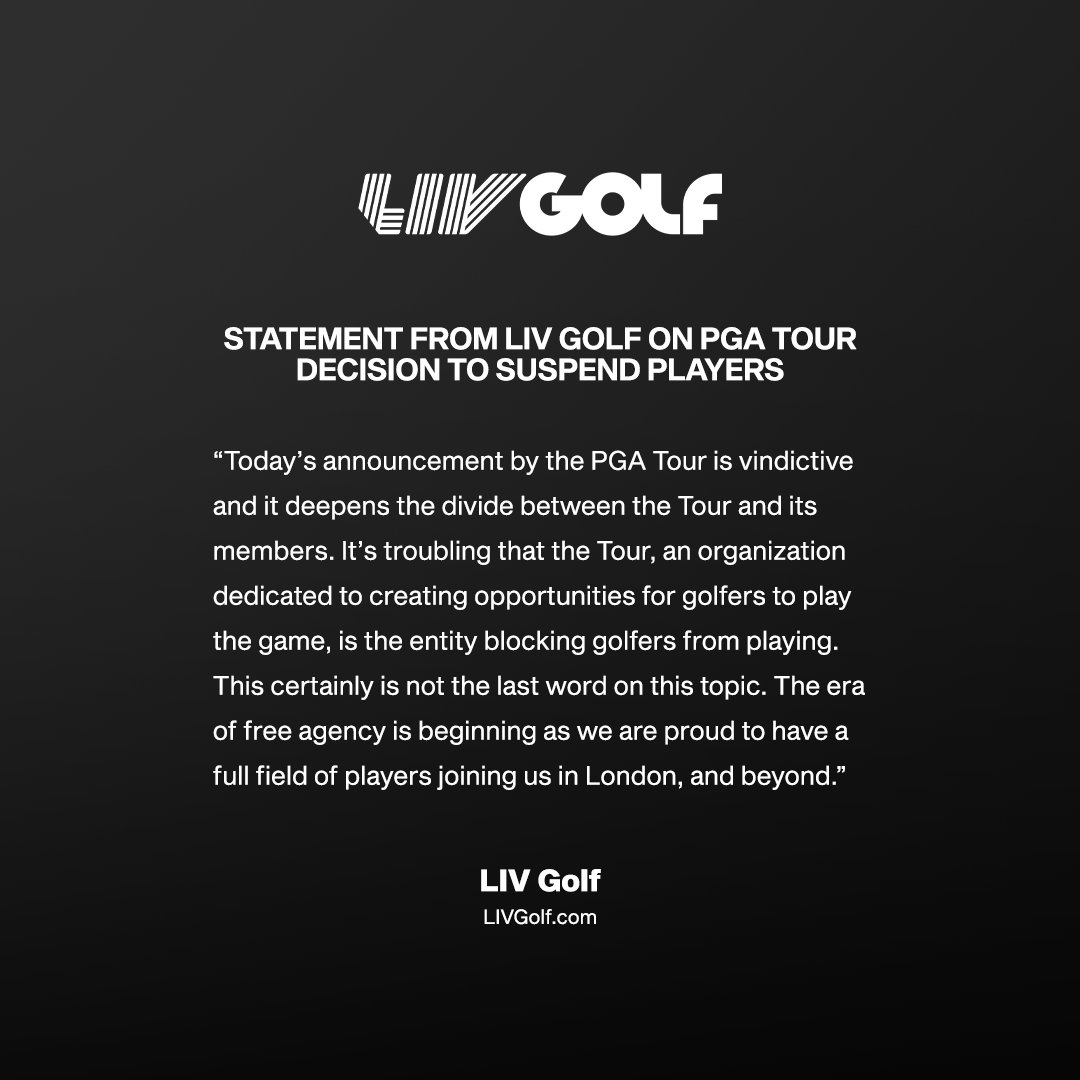 針對美巡賽對球員祭出的停權處置，LIV Golf迅速做出回應。
