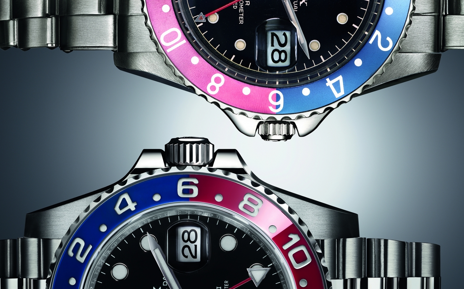 GMT-Master II，不銹鋼，紅藍雙色字圈，1959年，型號1675（上）及GMT-Master II，蠔式鋼，紅藍雙色字圈， 2018年，型號 126710 BLRO（下）©Rolex／Alain Costa