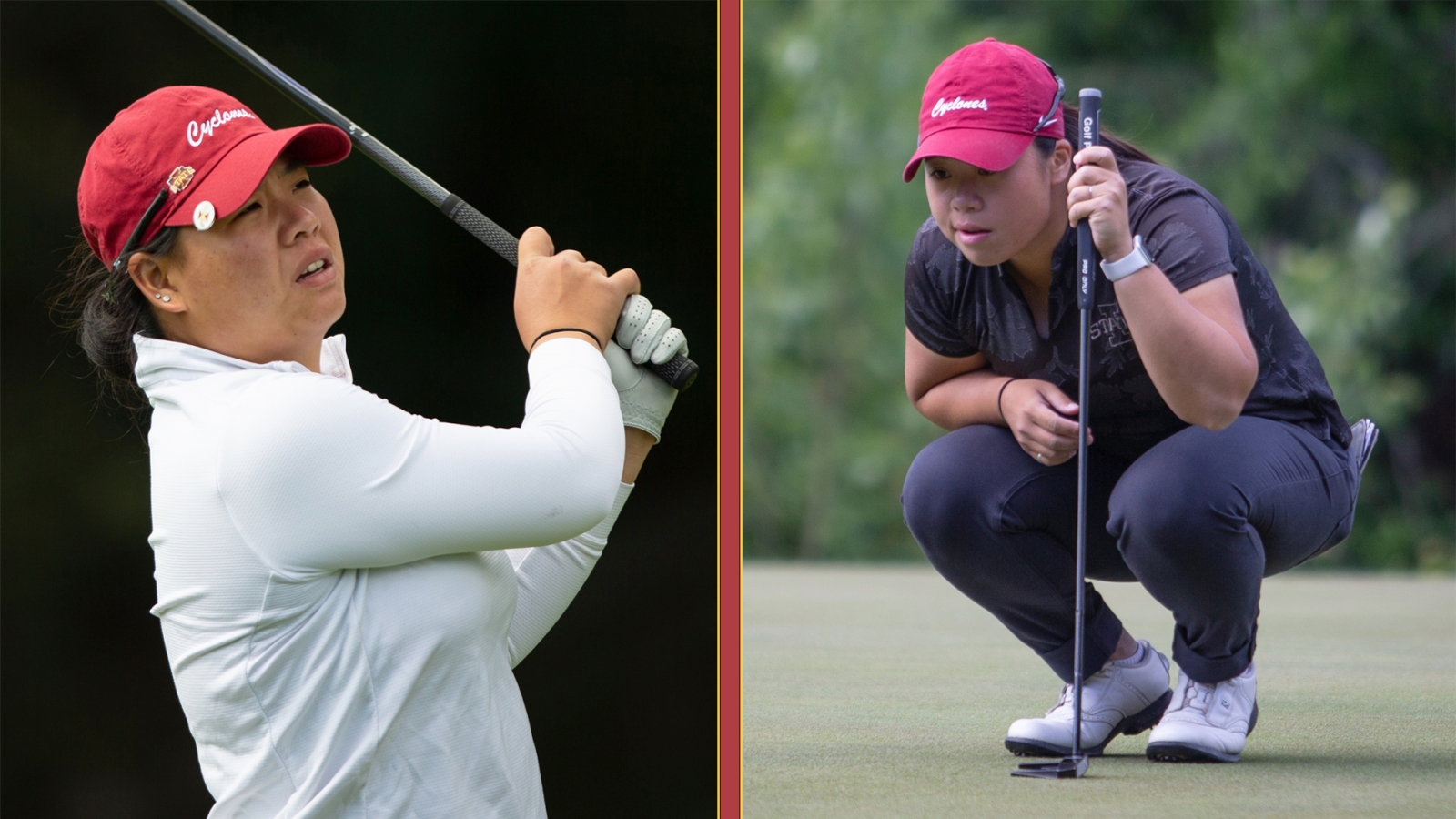 就讀愛荷華州立大學的周翊庭(Ruby Chou, 右) 與泰籍隊友Taglao Jeeravivitaporn(左) 以個人身分晉級正式賽程，可以打第一階段的比桿賽爭個人冠軍。(圖 / Iowa State Women's Golf)